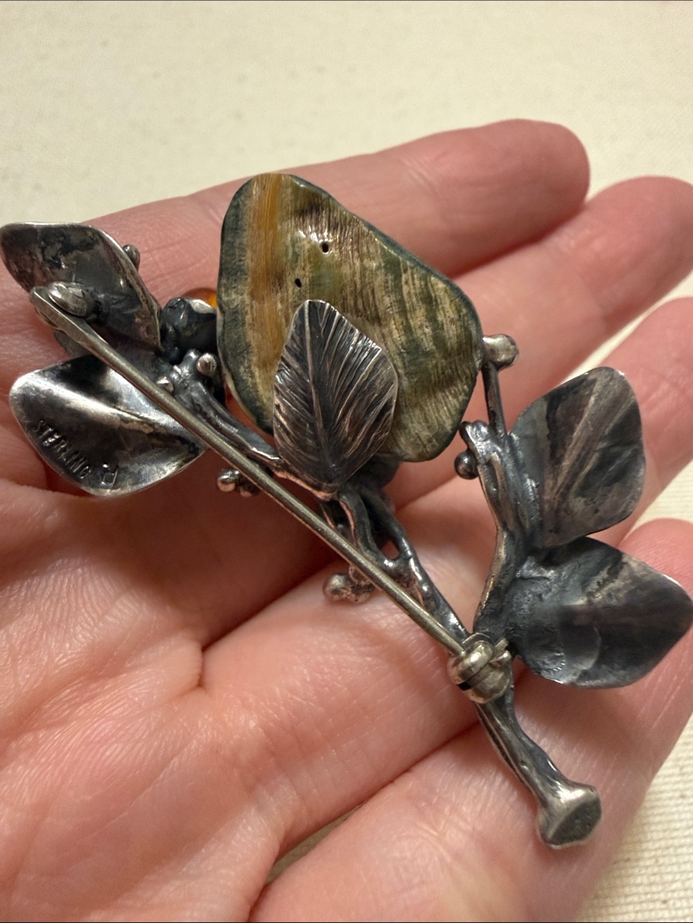 Sterling Silver Botanical Brooch W/Abalone & Accents of Amber & Malachite Stone - Picture 4 of 12